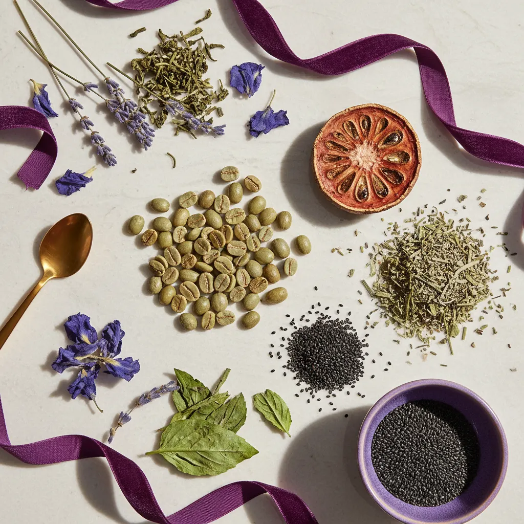 Flat lay of green coffee beans, garcinia cambogia cross-section and dried botanical herbs on a stone surface